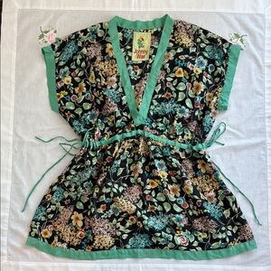 Johnny Was Black Floral Kimono Blouse with Teal Trim